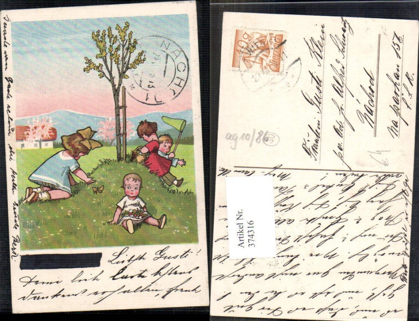 374316,Künstler Ak Kinder a. Wiese Baum Schmetterlingsnetz Kescher