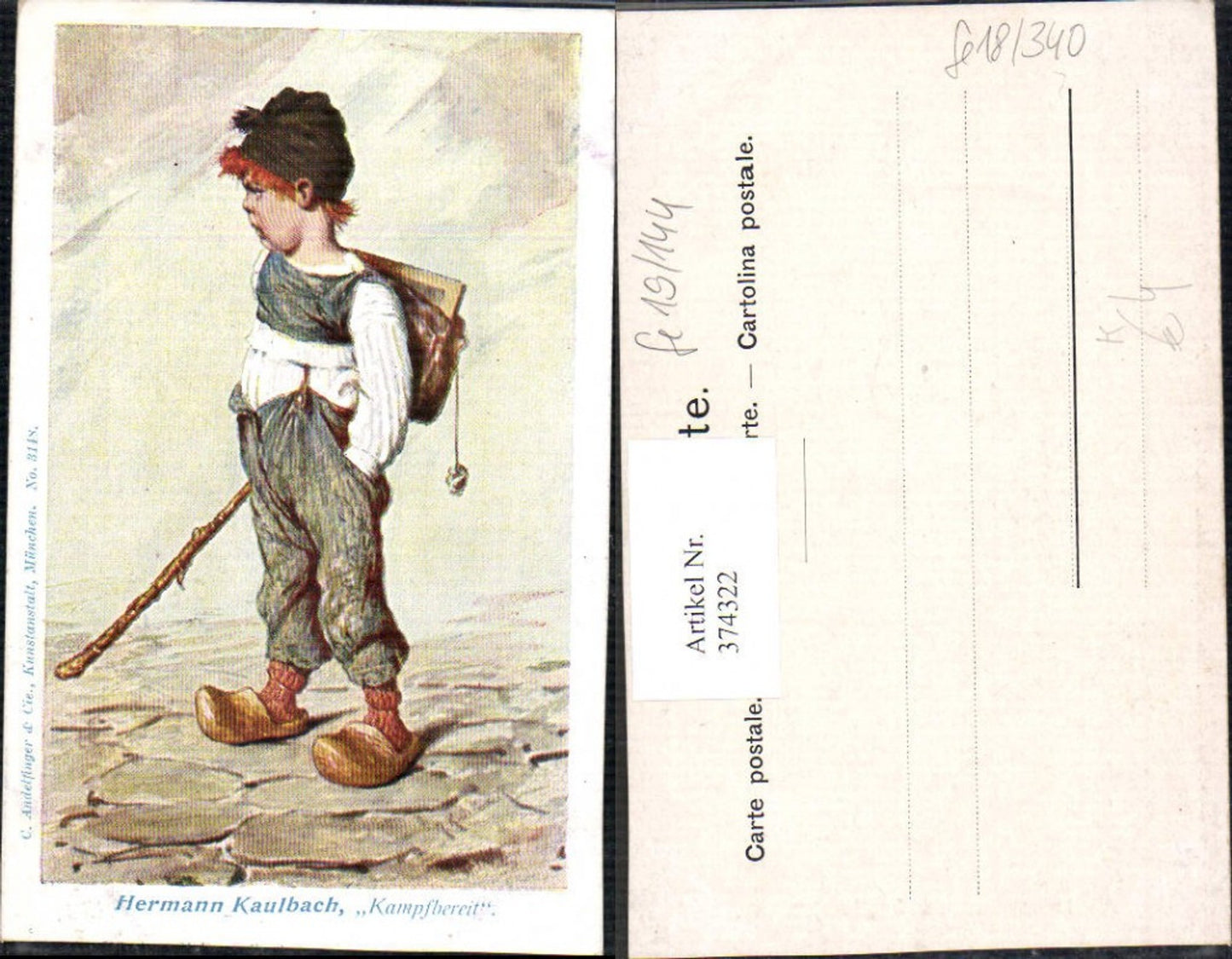 374322,Künstler Ak Hermann Kaulbach Kampfbereit Kind Bub Junge Holzschuhe Schultasche