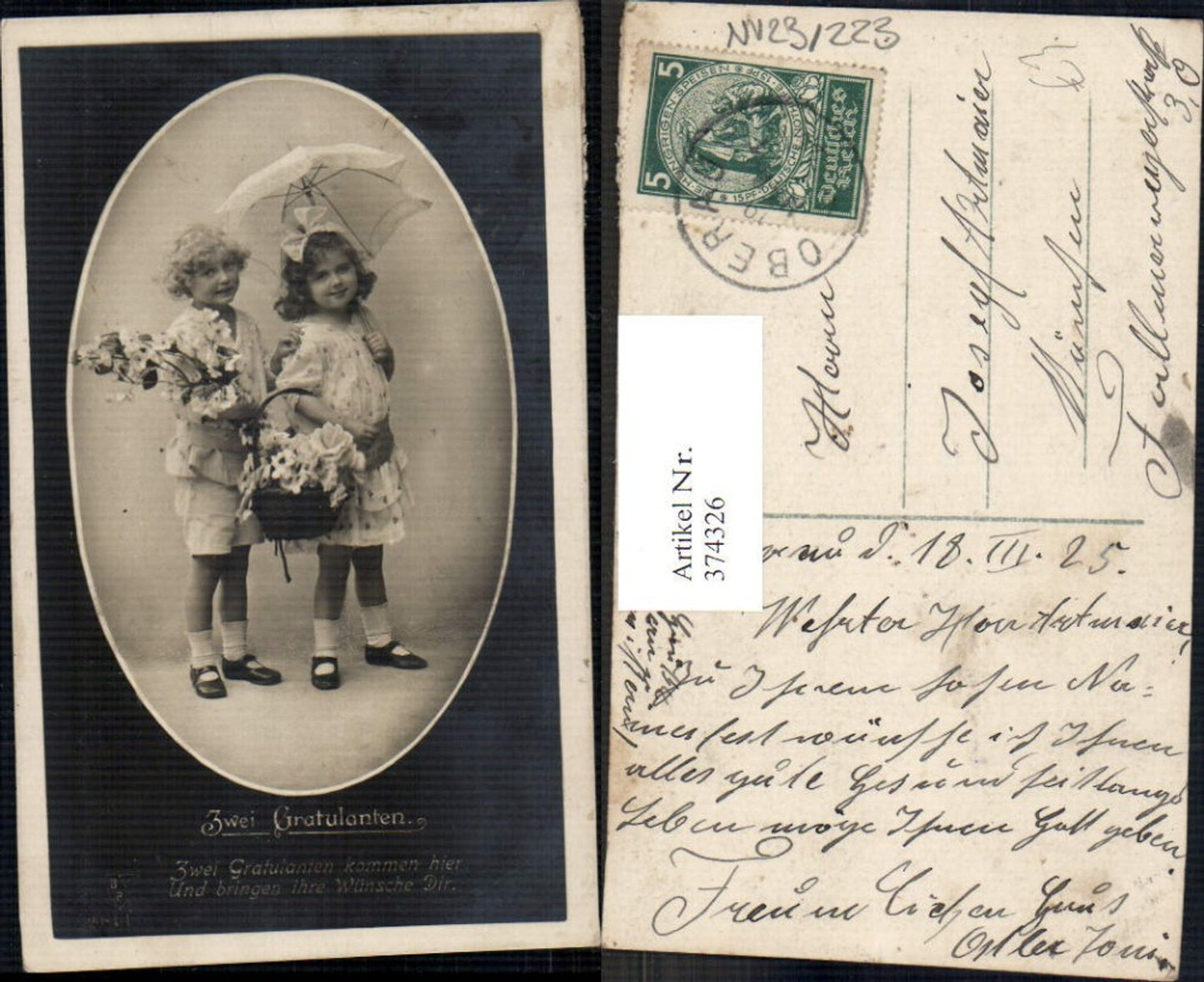 374326,Kinder m. Schirm Korb Blumen Rosen Zwei Gratulanten Passepartout Spruch
