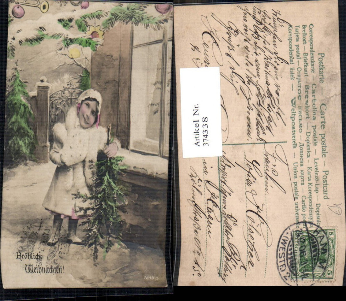 374338,Kind Mädchen Haube Pelzstola Muff Tannenbaum v. Haus