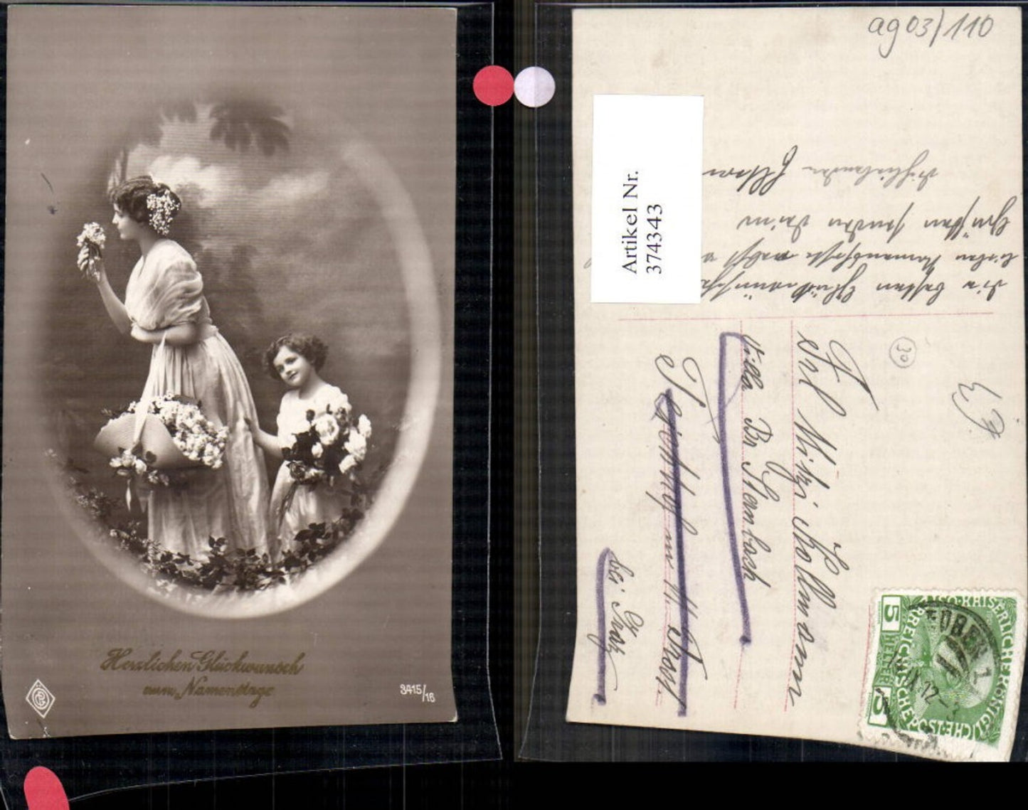 374343,Kind Mädchen m. Frau Korb Blumen Rosen Passepartout Namenstag Goldschrift