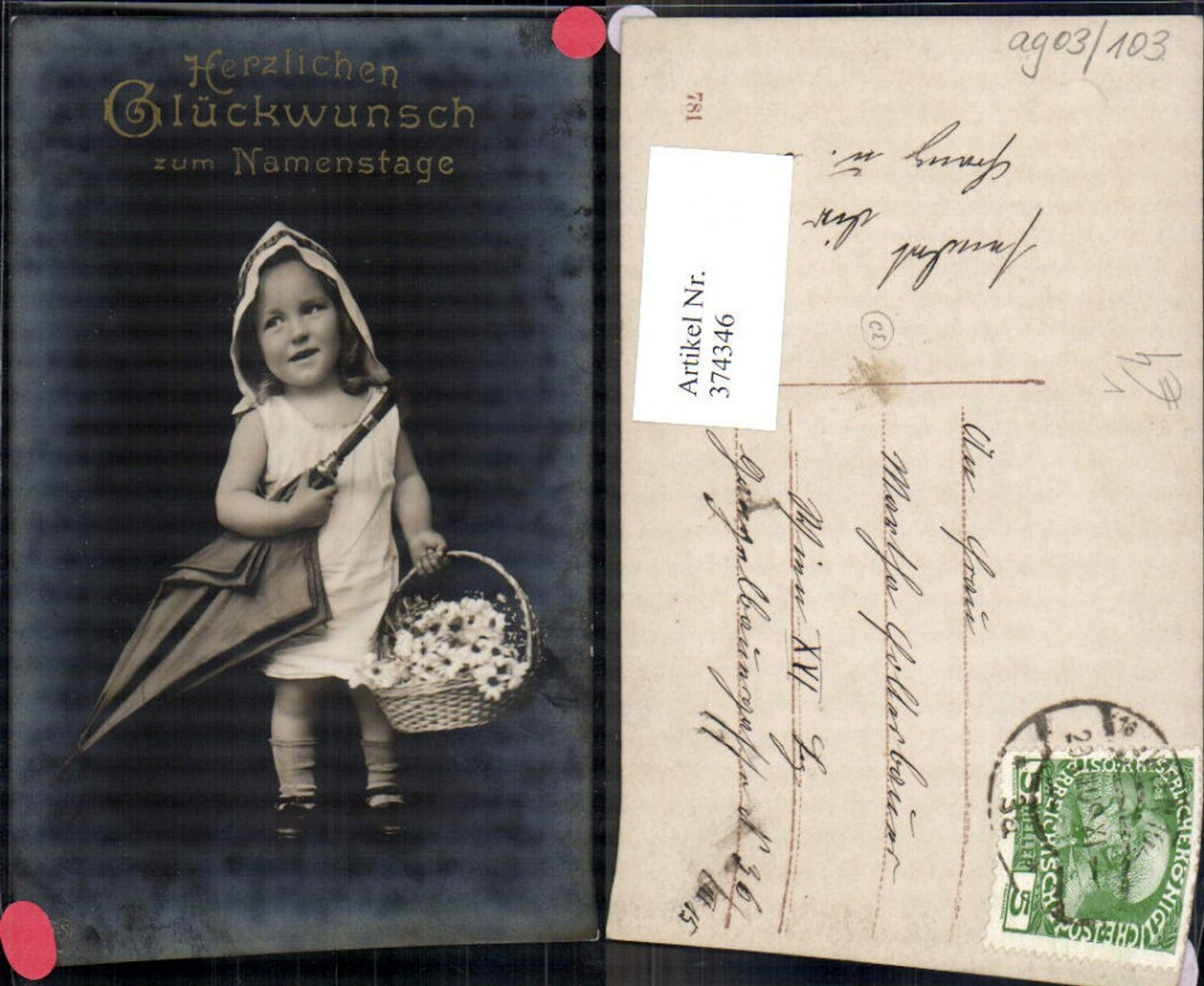 374346,Foto Ak Kind Mädchen Kapuze Schirm Korb m. Blumen Margeriten Namenstag pub EAS 781
