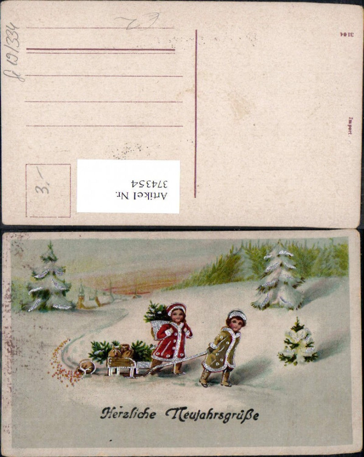374354,Künstler Ak Kinder spazieren m. Schlitten durch Winterwald Geldsäcke Silberverzierung