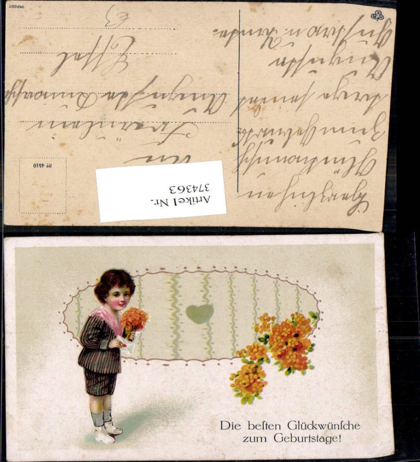 374363, Artist Ak Child Boy with envelope Bouquet of flowers Birthday