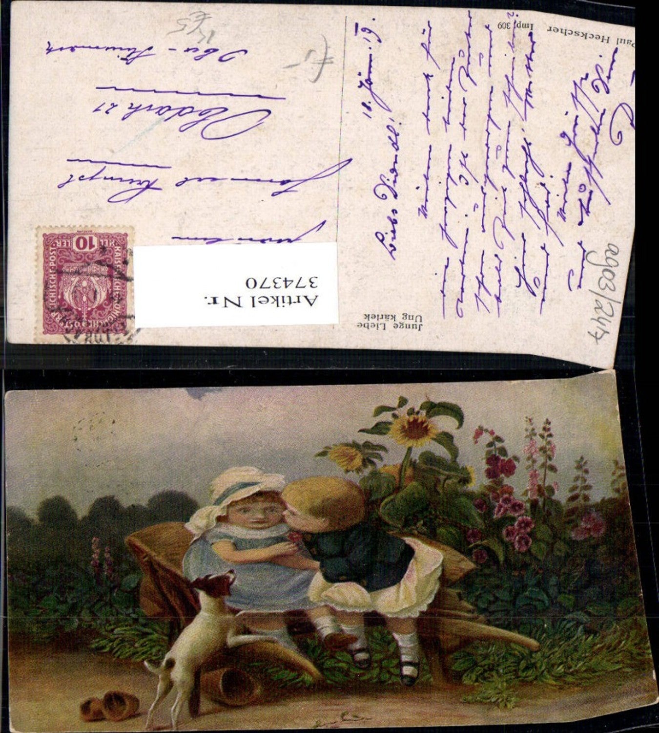 374370,Künstler Ak Paul Heckscher Junge Liebe Kind Kuss a. Scheibtruhe Hund