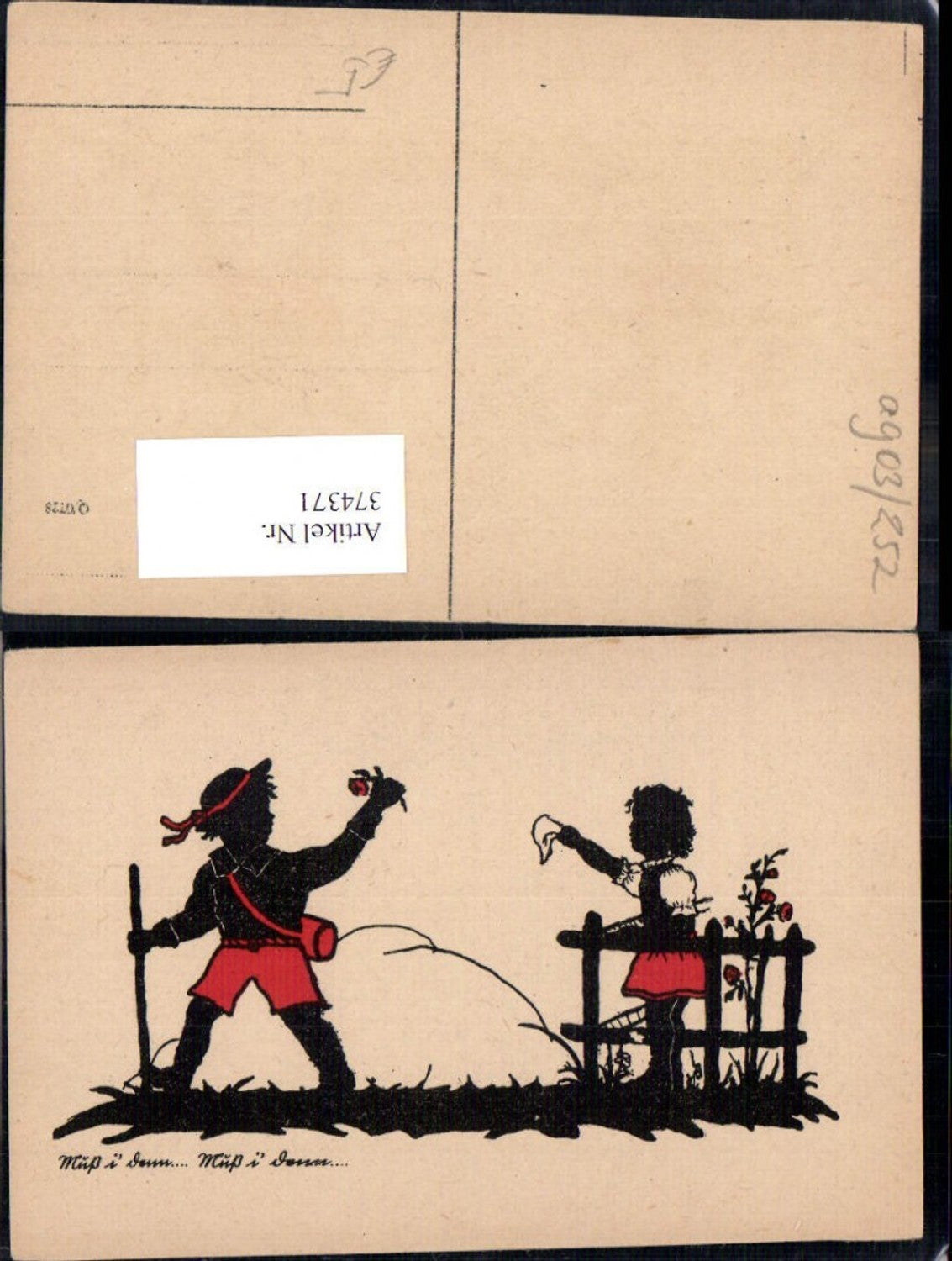 374371,Künstler Ak Scherenschnitt Silhouette Kinder Abschied Wanderstock Rose Taschentuch
