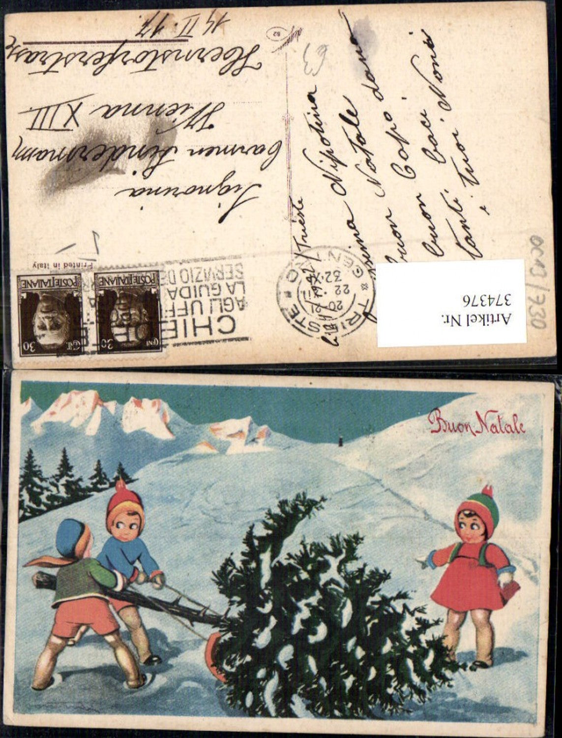374376,Künstler Ak Kinder m. Tannenbaum a. Schlitten Winterlandschaft