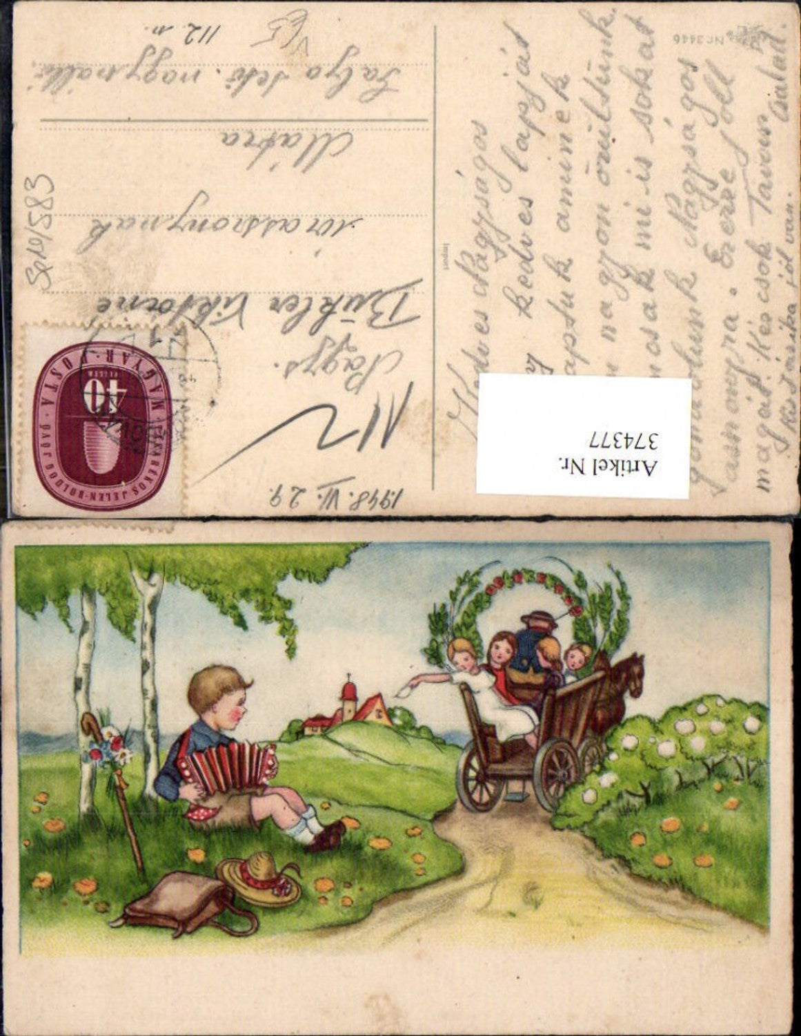 374377,Künstler Ak Kinder a. Kutsche Bub Junge m. Ziehharmonika Wanderstock Birke pub Erika 3446