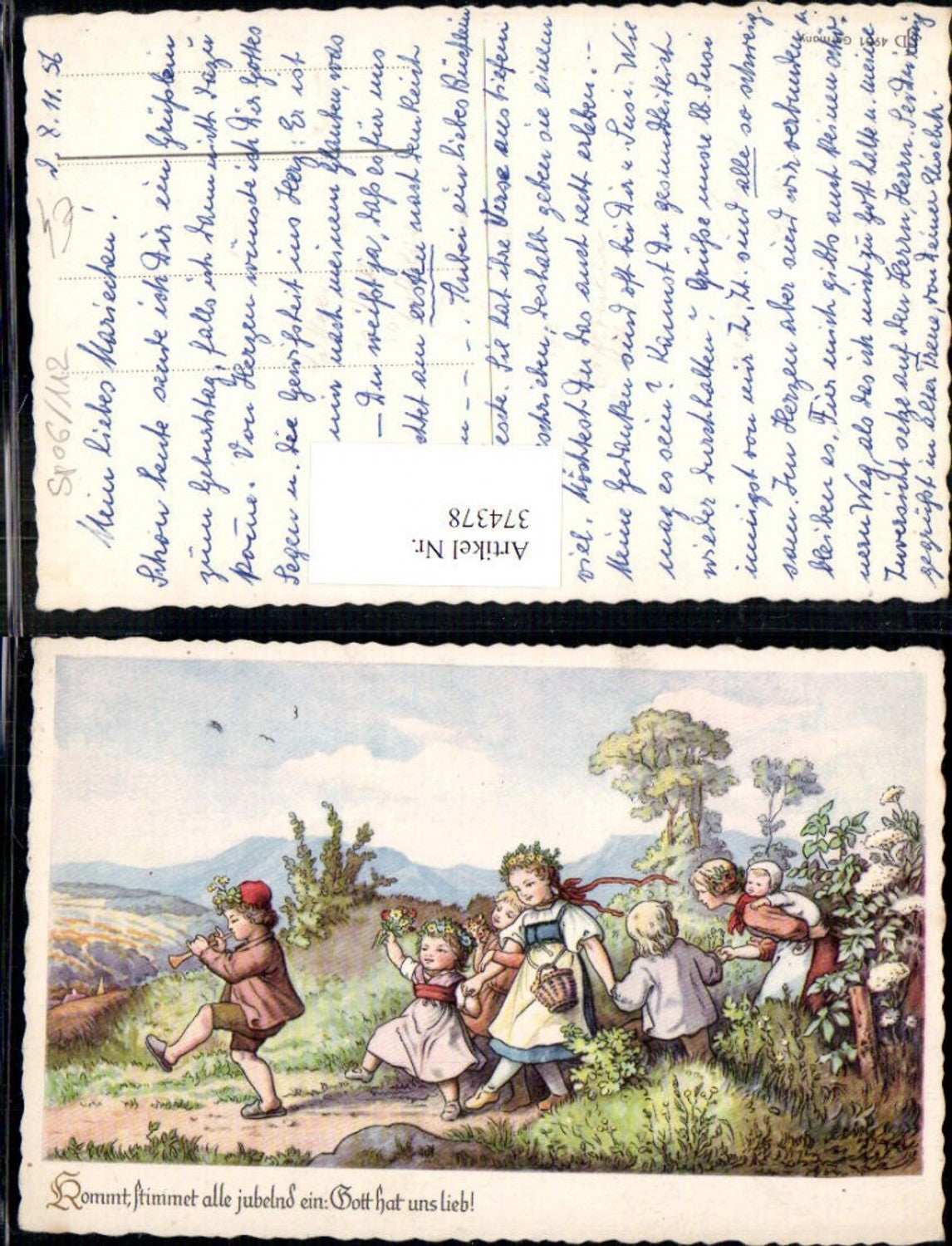 374378,Künstler Ak Kinder spazieren Musik Flöte Landschaft Text