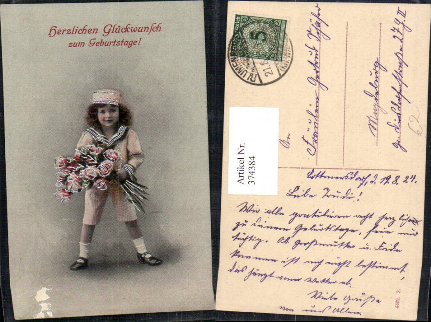 374384,Kind Bub Junge Uniform Matrosenanzug Hut Rosen Blumenstrauß Silberverzierung