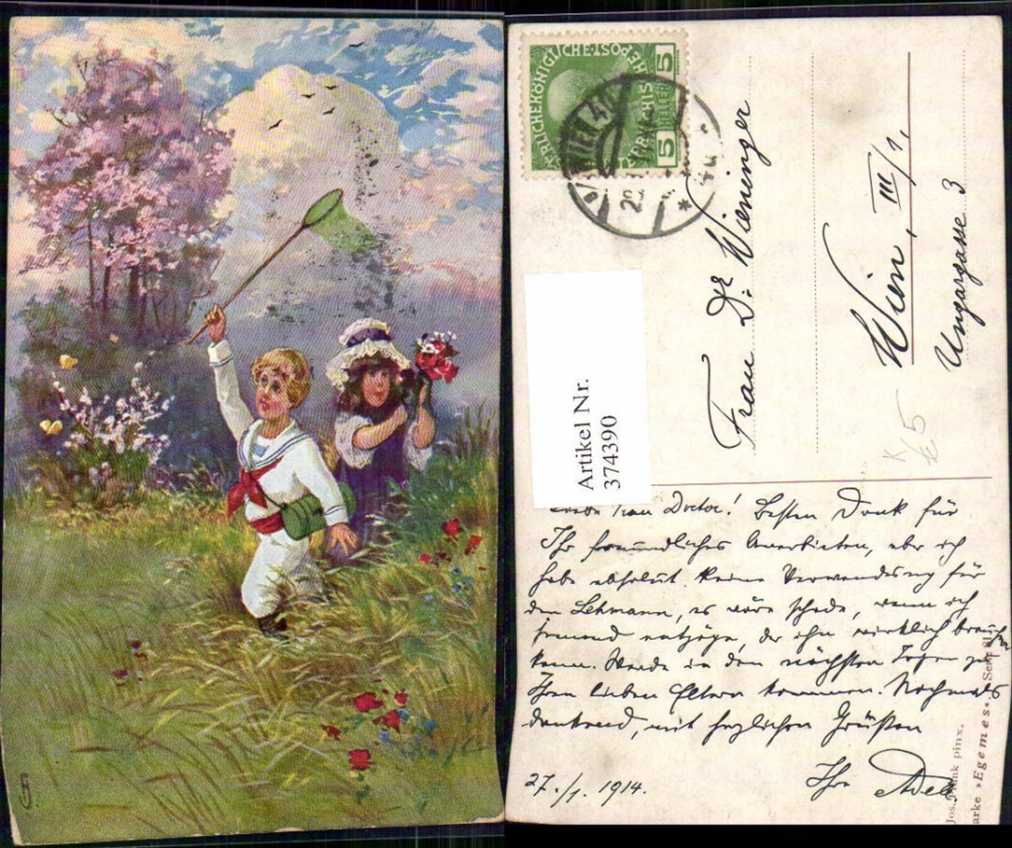 374390,Künstler Ak Jos. Frank Kinder Uniform Matrosenanzug Kescher Blumenwiese