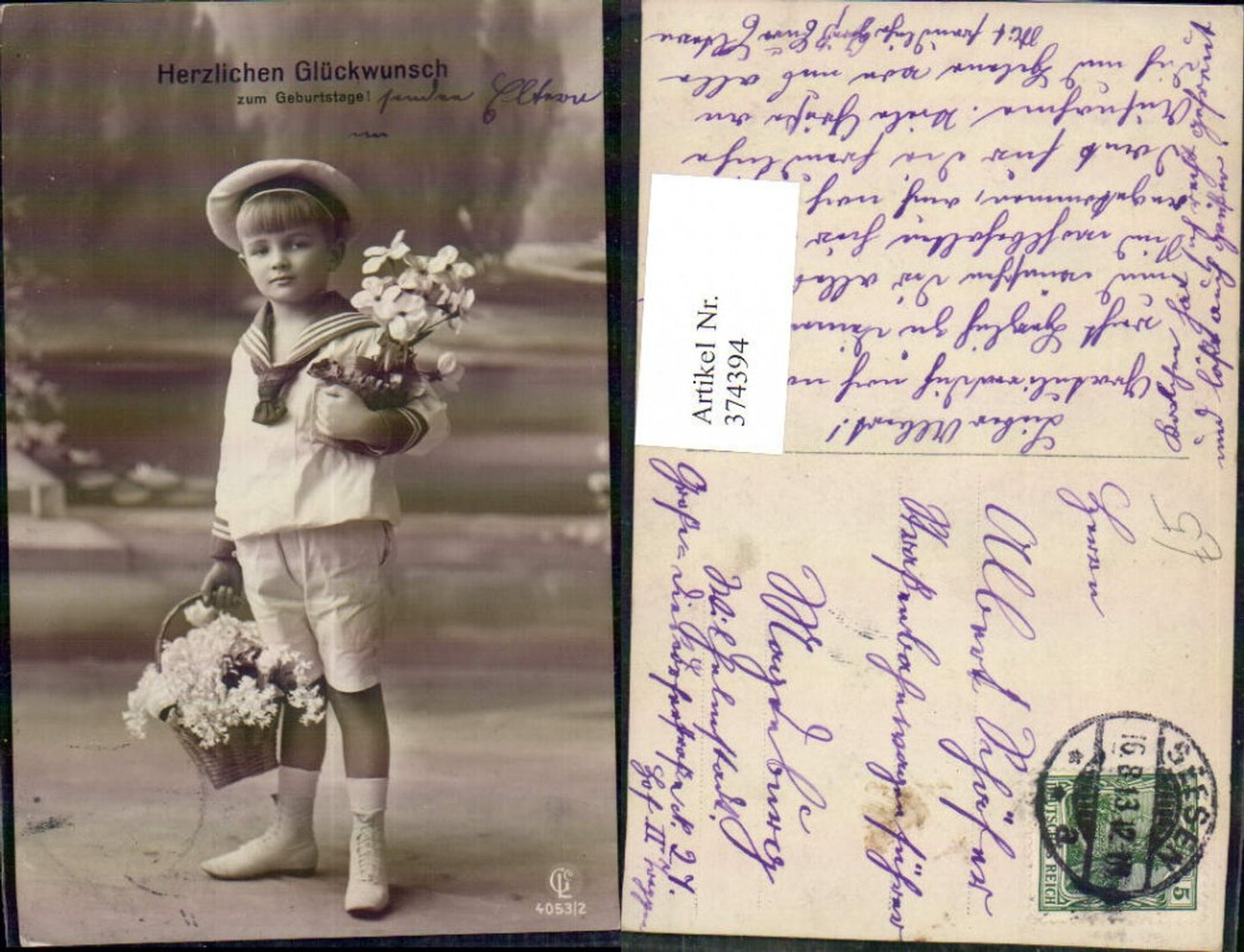 374394,Foto Ak Kind Bub Junge Uniform Matrosenanzug Geburtstag Korb Blumen