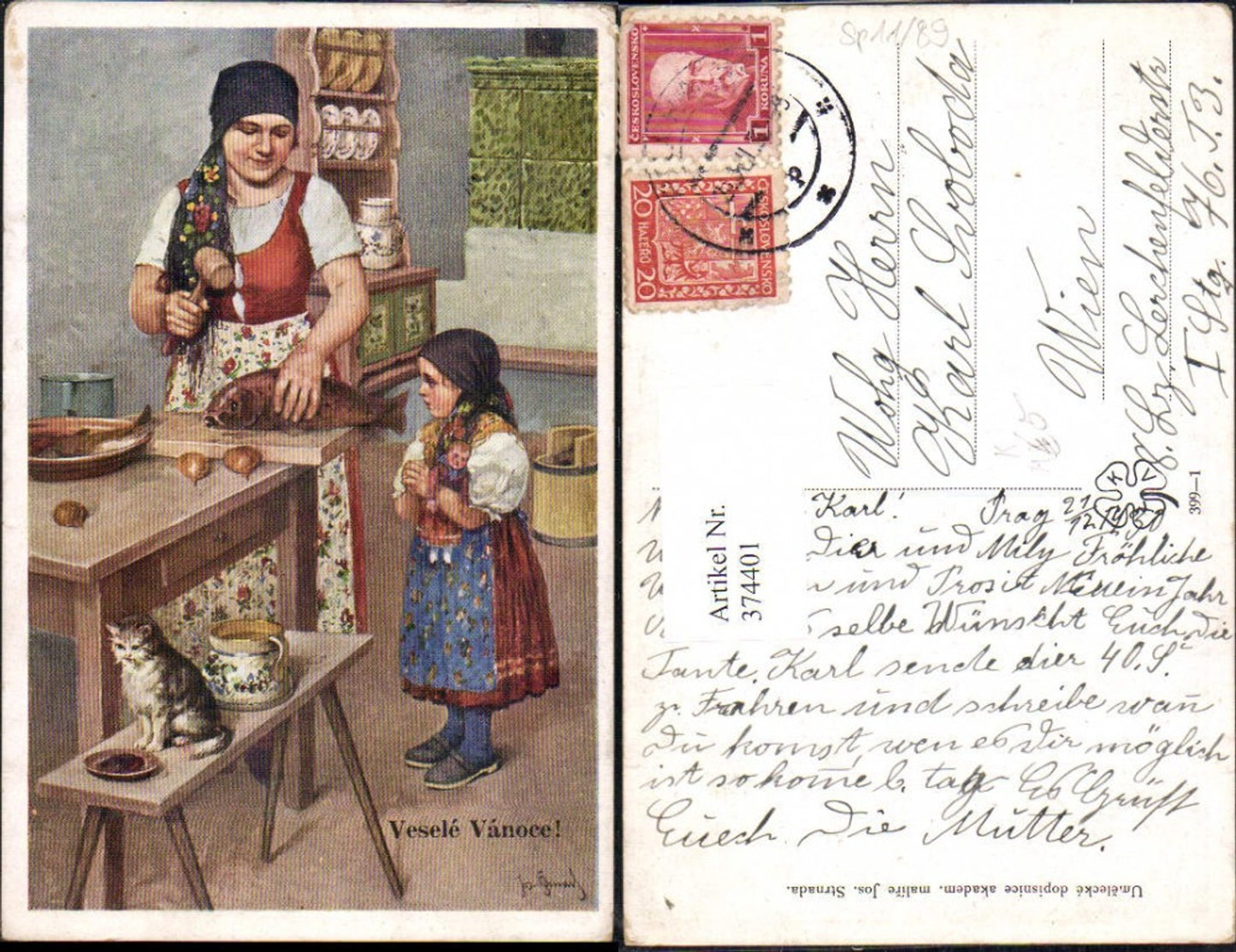 374401,Künstler Ak Jos. Strnada Kind Mädchen Frau b. Kochen Fisch Hammer Tracht Puppe Katze