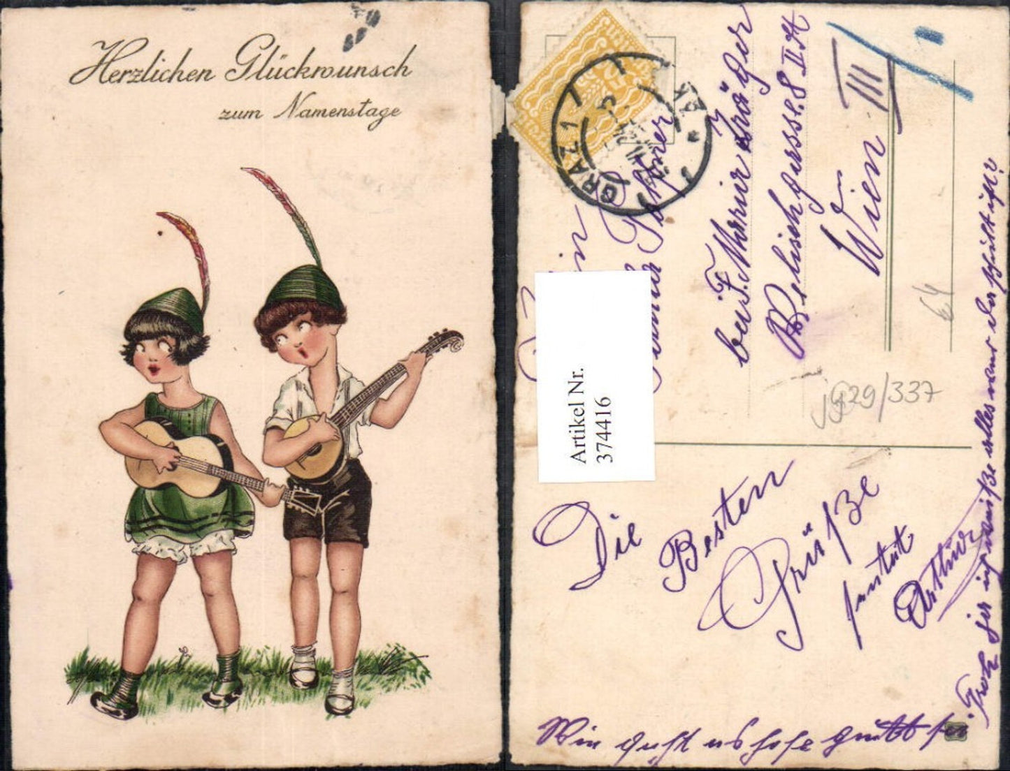 374416,Künstler Ak Kinder Mädchen i. Tracht Hut Gitarre Mandoline