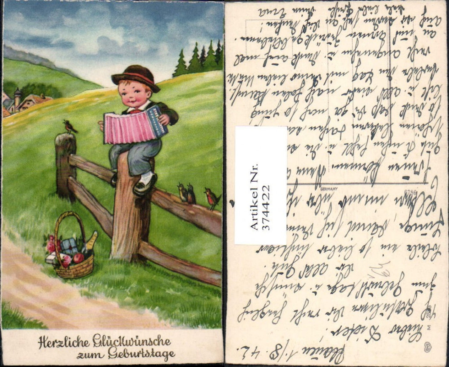 374422,Künstler Ak Kind Bub Junge a. Zaun Ziehharmonika Korb Sekt Geschenke Blumen pub EAS 2583
