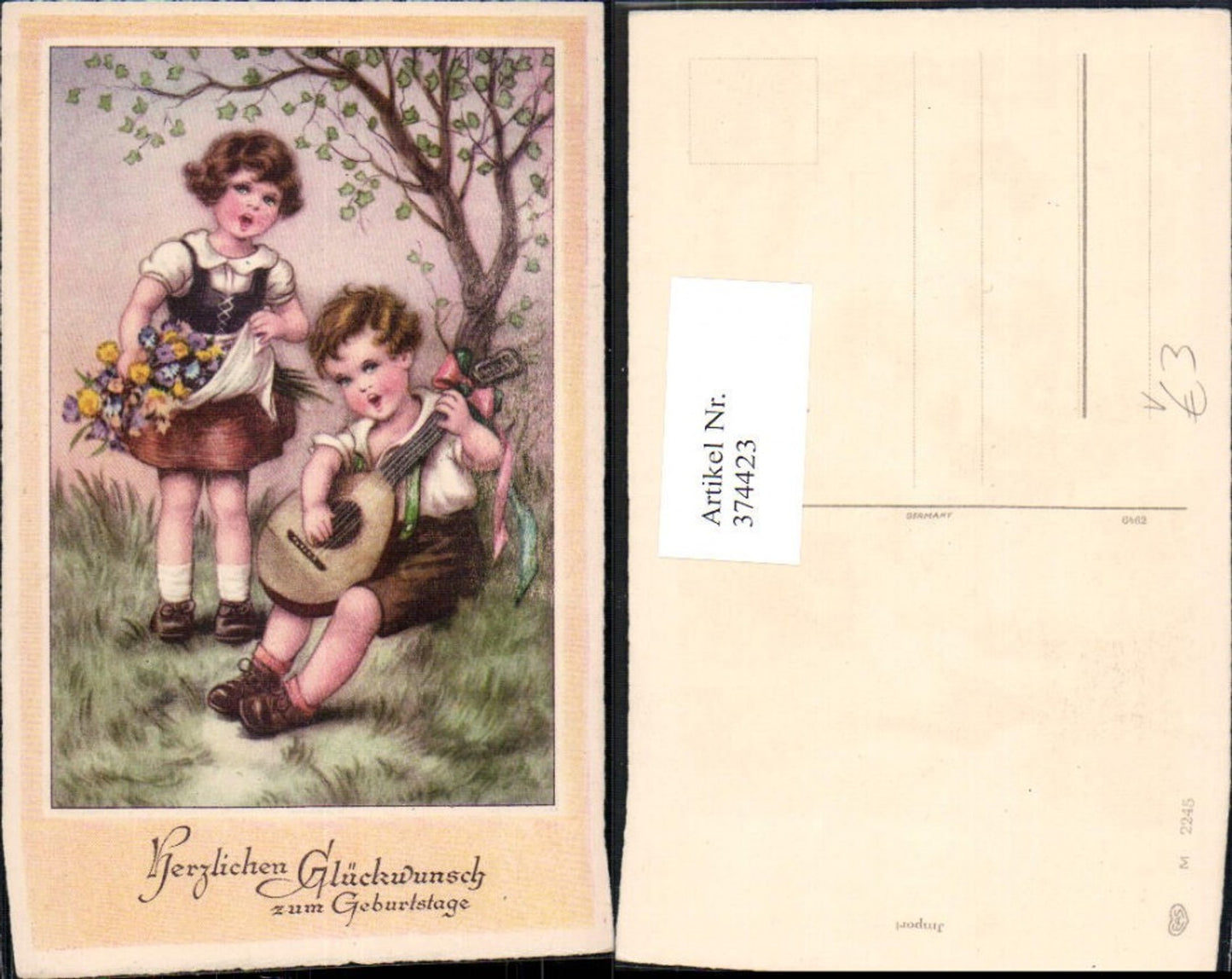 374423,Künstler Ak Kinder Singen Baum Mandoline Blumen Geburtstag pub EAS 2245