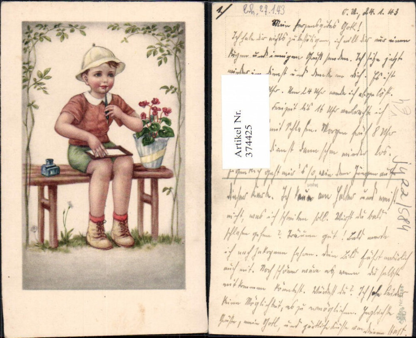 374425,Künstler Ak Kind Bub Junge schreibt a. Bank Tintenfass Blumentopf pub Erika 3388