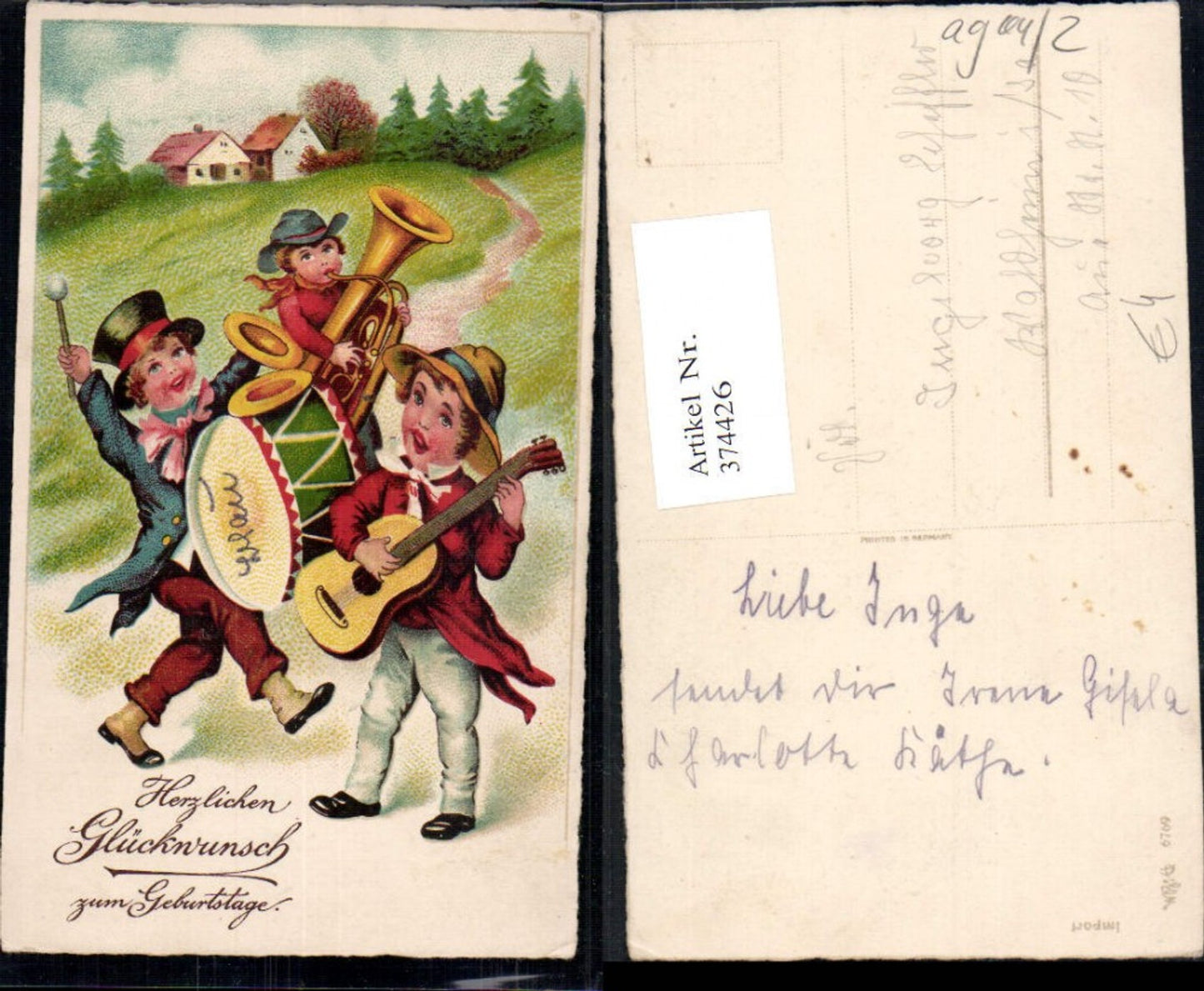 374426,Künstler Ak Kinder Bub Jungen Musik Trommel Gitarre Geburtstag