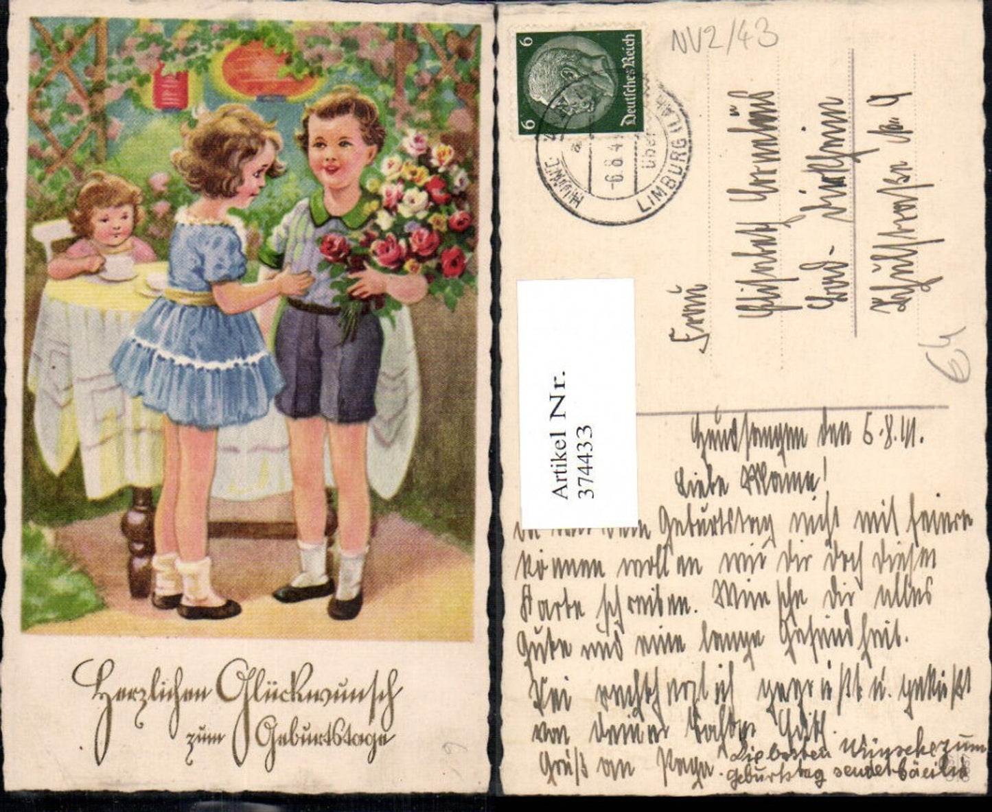 374433,Künstler Ak Kinder Kaffeetisch Blumen Blumenstrauß Lampions Geburtstag Goldschrift