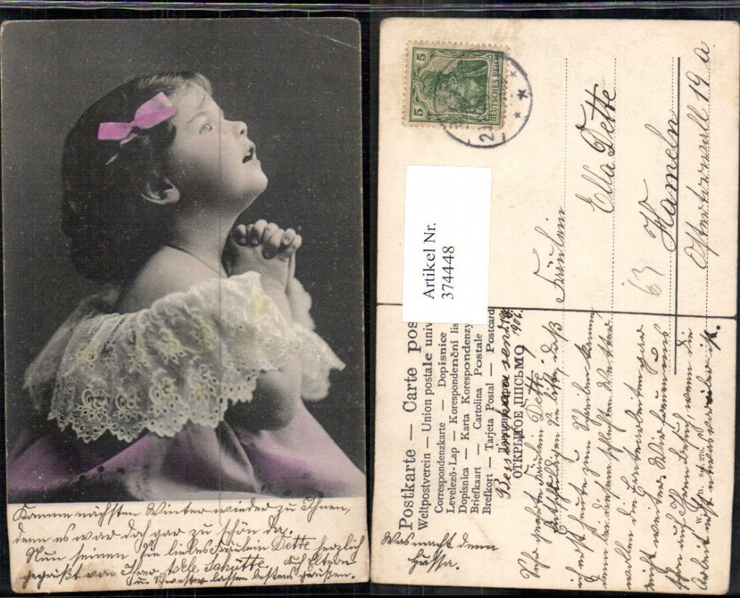 374448,Kind Mädchen Haarschleife Betende Hände Portrait