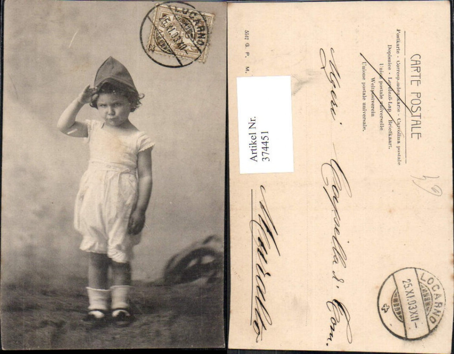 374451, Child girl with hat salutes