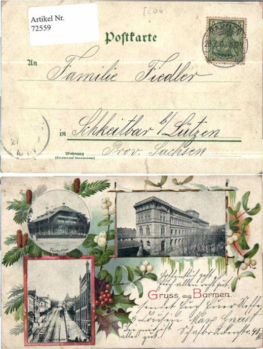 72559,Jugendstil Litho Gruß aus Barmen Fischerthal Louisenstrasse