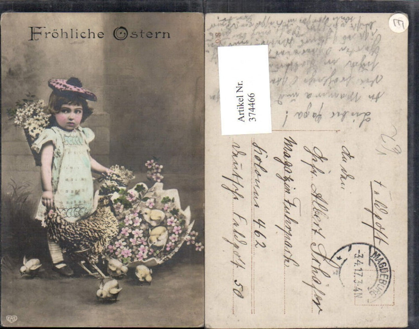 374466,Kind Mädchen Kleid Hut Rückenkorb Hahn Huhn Küken Blumen Ostern pub EAS