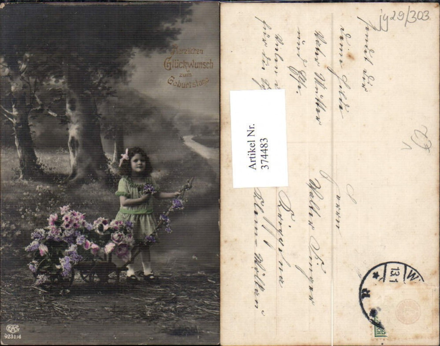 374483,Kind Mädchen Kleid Haarschleife Leiterwagen m. Blumen rosen pub EAS 9231/4