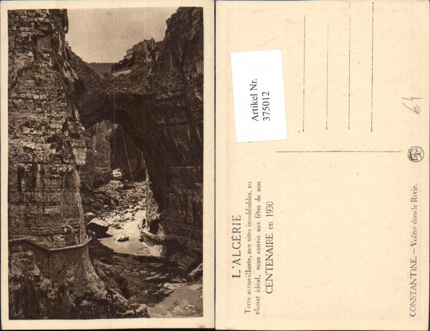 375012,Algeria Constantine Voutes dans le Ravin Schlucht
