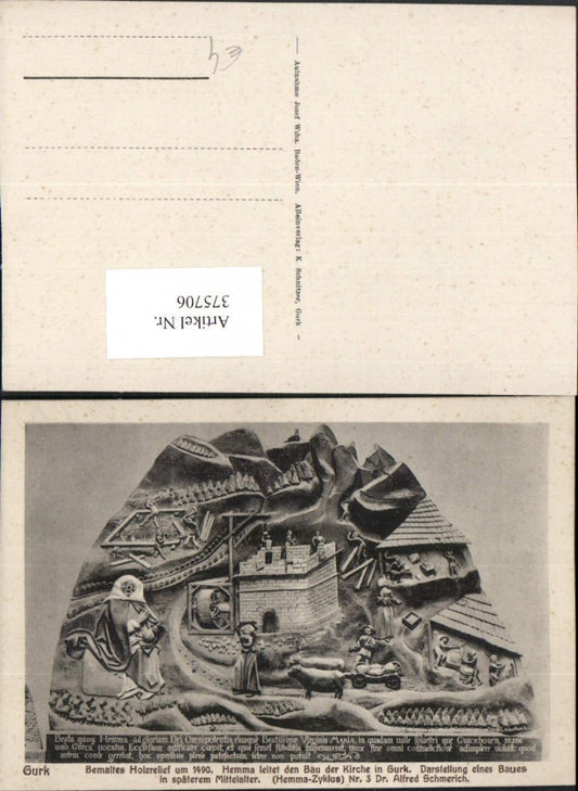 375706,Gurk Holzrelief Hema leitet den Bau der Kirche