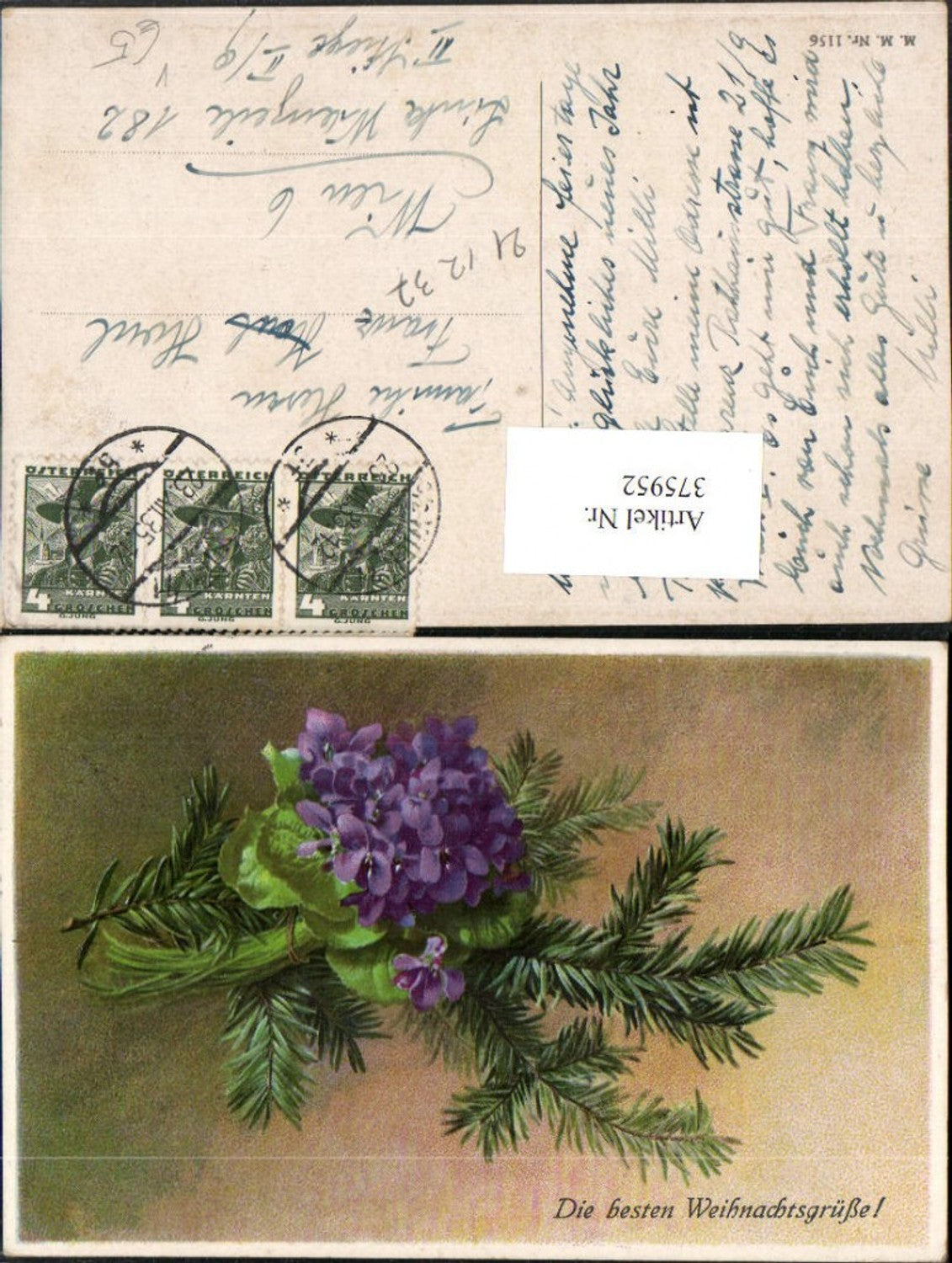 375952,M. Munk Vienne 1156 Künstlerkarte Weihnachten Tannenzweig Veilchen