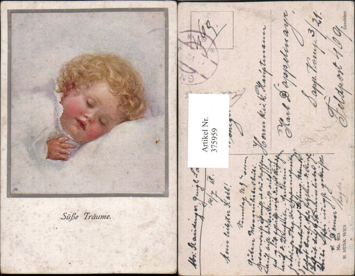 375959,M. Munk Vienne 923 Künstlerkarte Süße Träume Kind b. Schlafen
