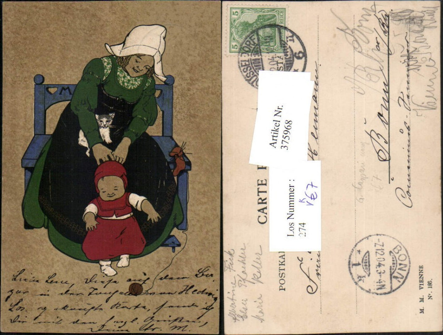 375968,M. Munk Vienne 186 Künstler G. Caspari unsign. Frau Mutter Kind Katze