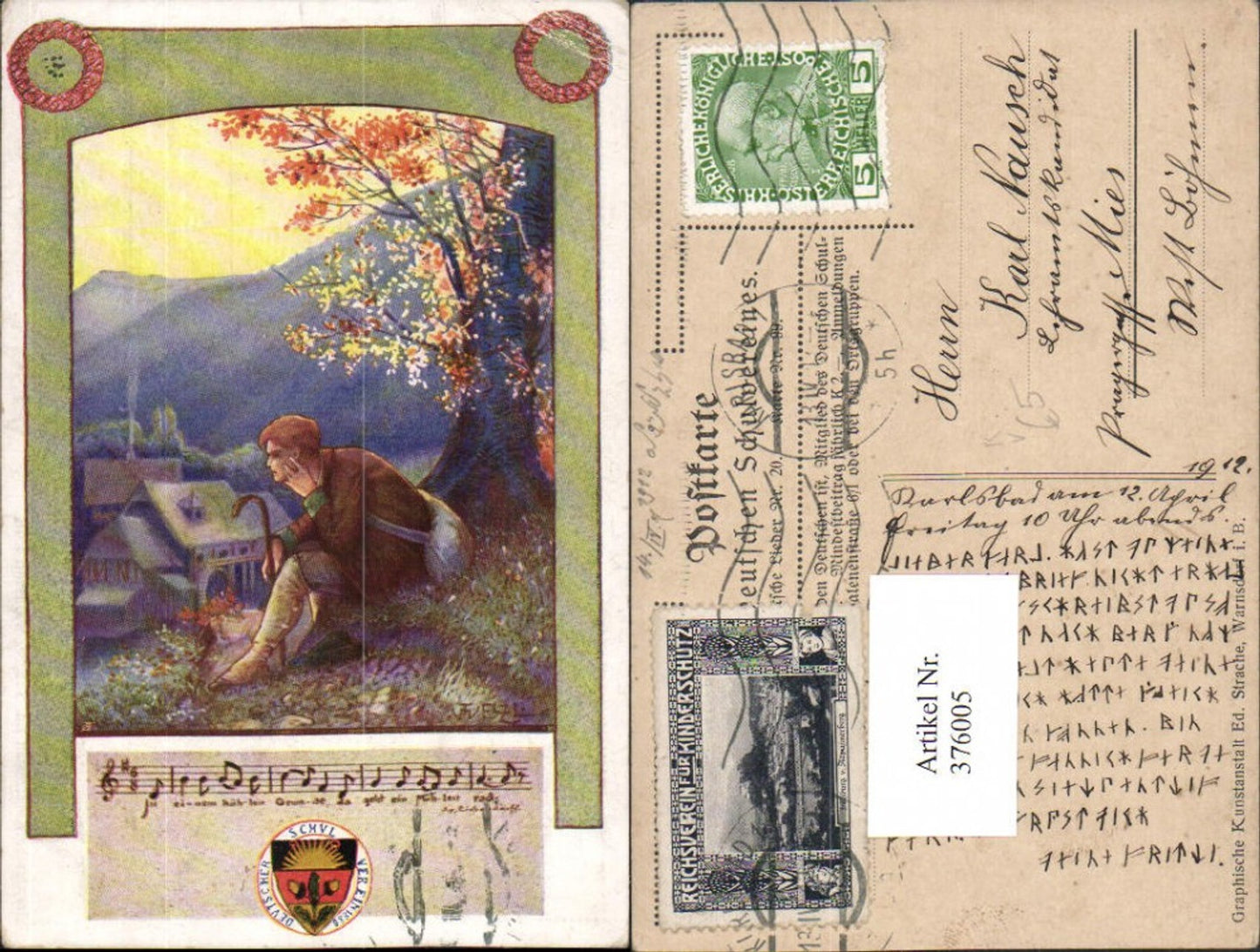 376005,Deutscher Schulverein Deutsche Lieder 20/99 Künstler T. Welzl Mann Wanderer Liedzeile