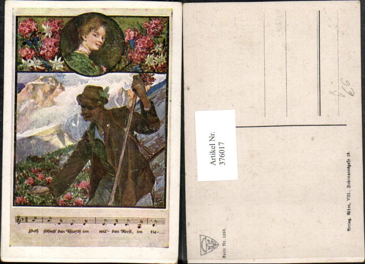 376017,Deutscher Schulverein 1393 Künstlerkarte Mann Wanderer Frau Portrait Liedzeile