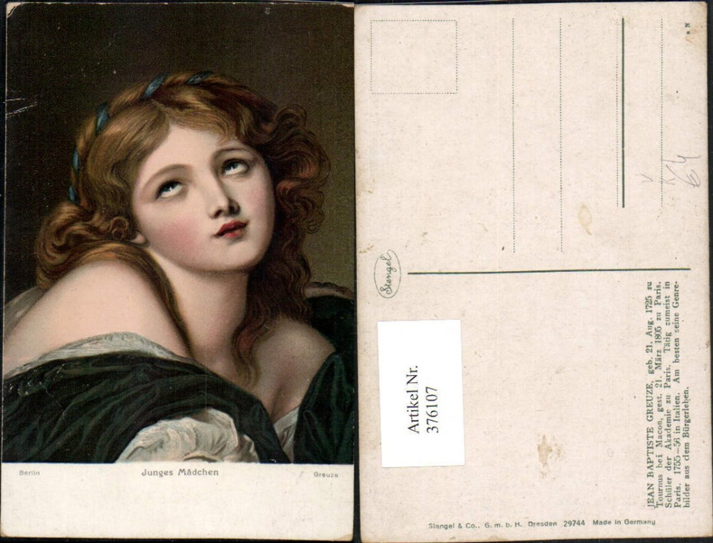 376107,Stengel Co 29744 Künstler Jean Baptiste Greuze Junges Mädchen Portrait