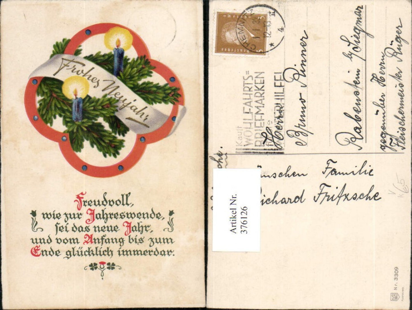 376126,Meissner & Buch 3309 Künstlerkarte Neujahr Tannenzweig Kerzen Spruch Text