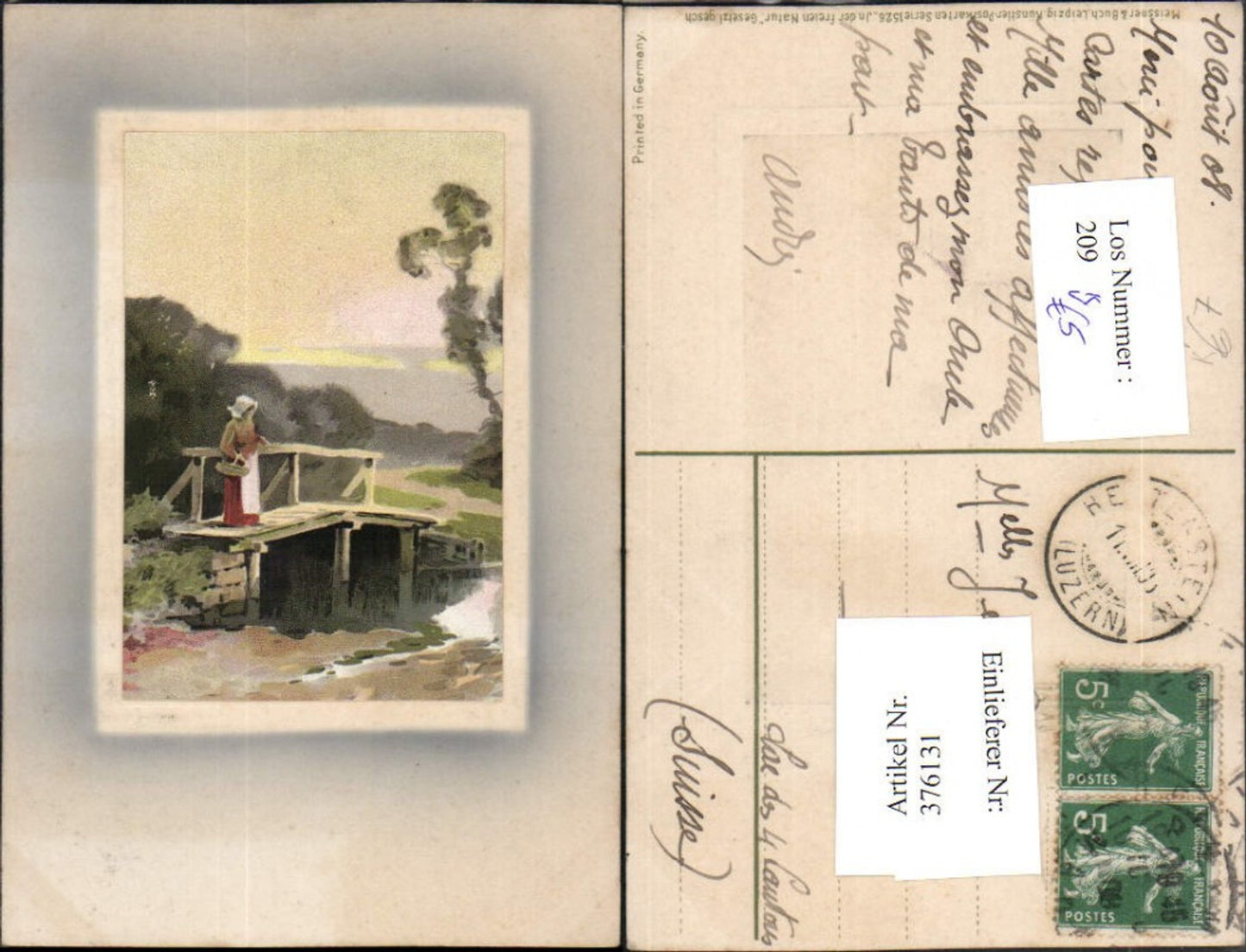 376131,Meissner & Buch 1526 Künstlerkarte In d. Freien Natur Brücke Präge Passepartout