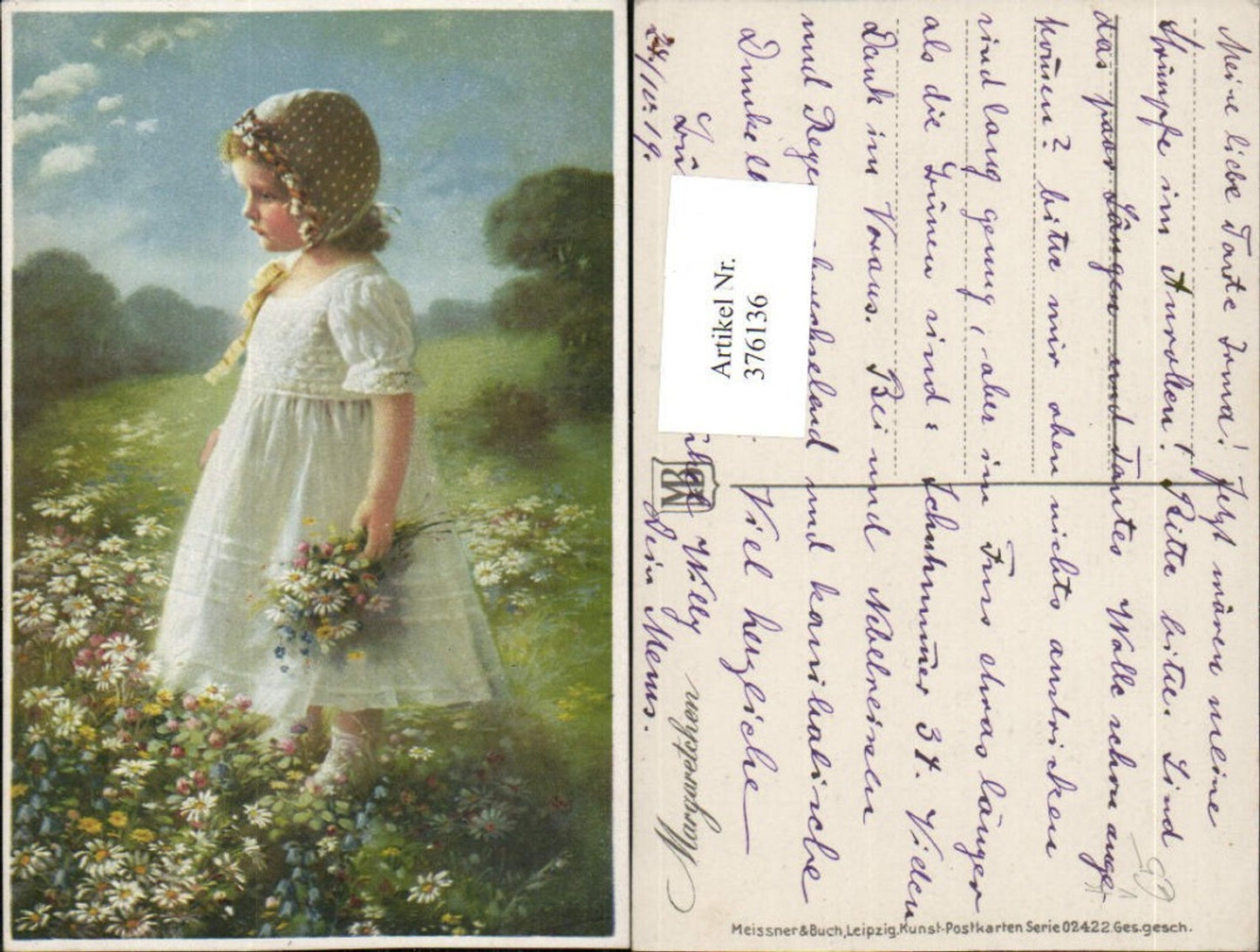 376136, Meissner &amp; Buch 02422 Artist card Margaretchen girl dress flower meadow flowers