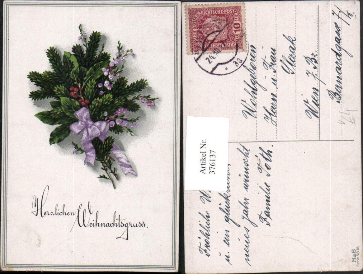 376137, Meissner &amp; Buch 5815 Artist card Christmas fir branches flowers ribbon