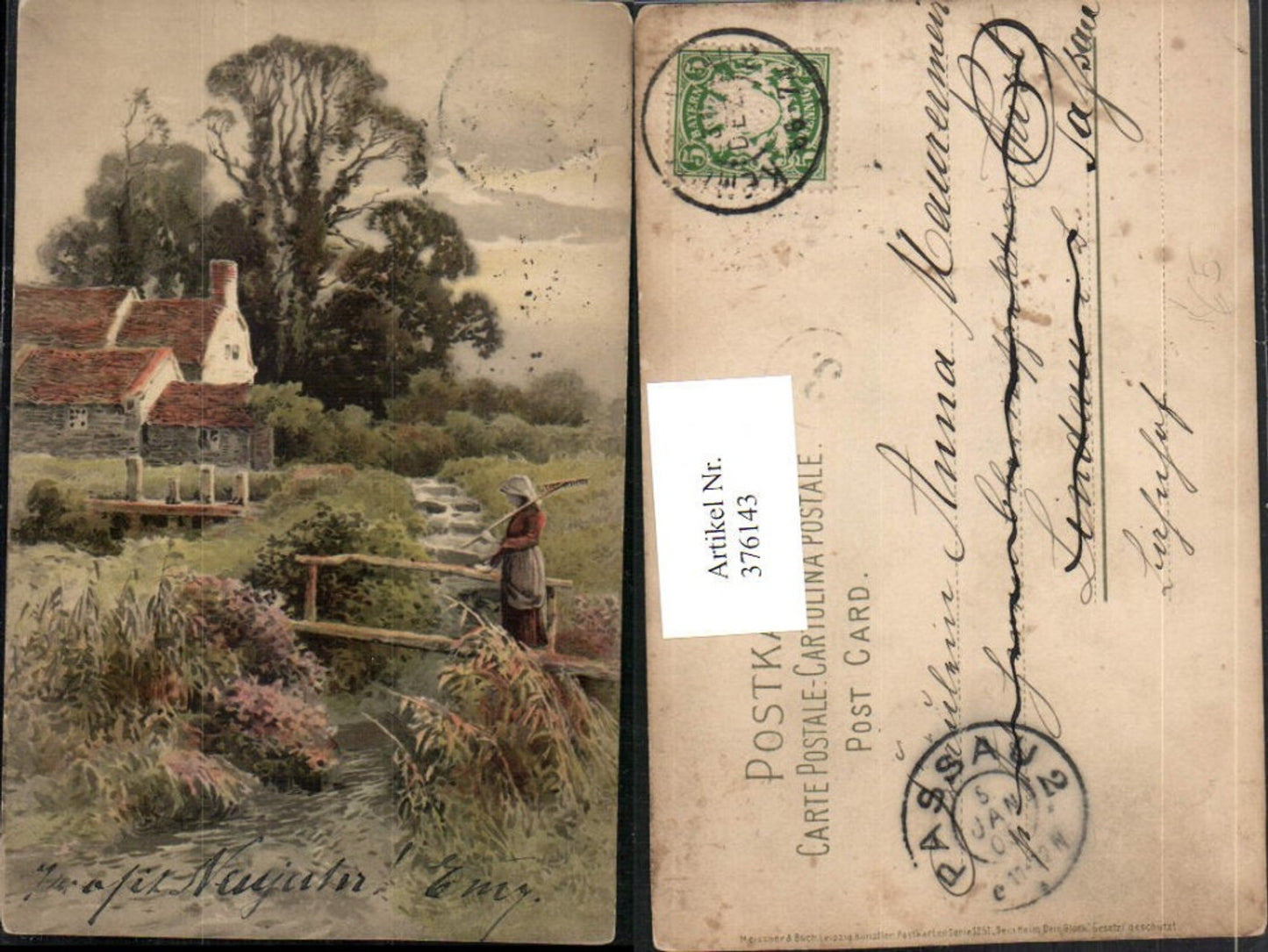 376143,Meissner & Buch 1251 Künstlerkarte Dein Heim dein Glück Landschaft Brücke