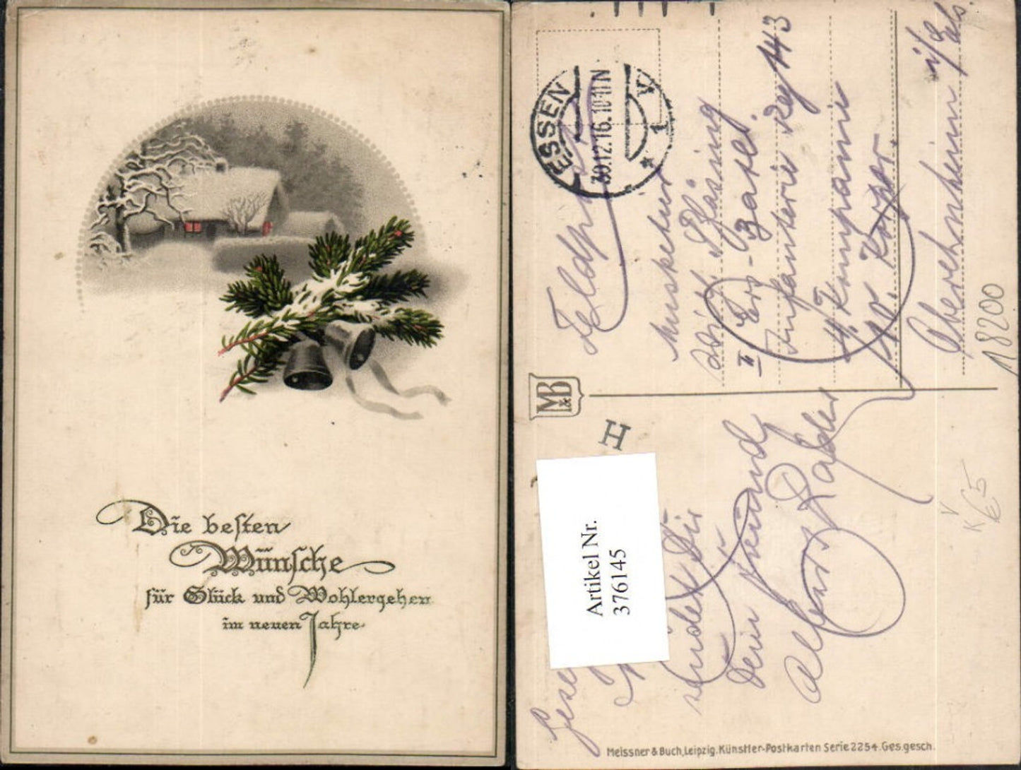 376145,Meissner & Buch 2254 Künstlerkarte Neujahr Winterlandschaft Glocken Tannenzweige