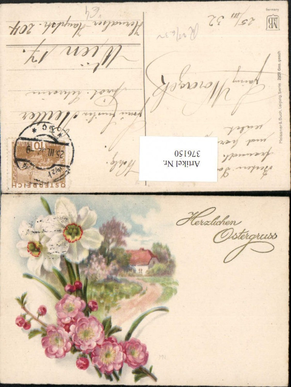 376150,Meissner & Buch 2951 Künstlerkarte Ostern Landschaft Narzissen Blumen