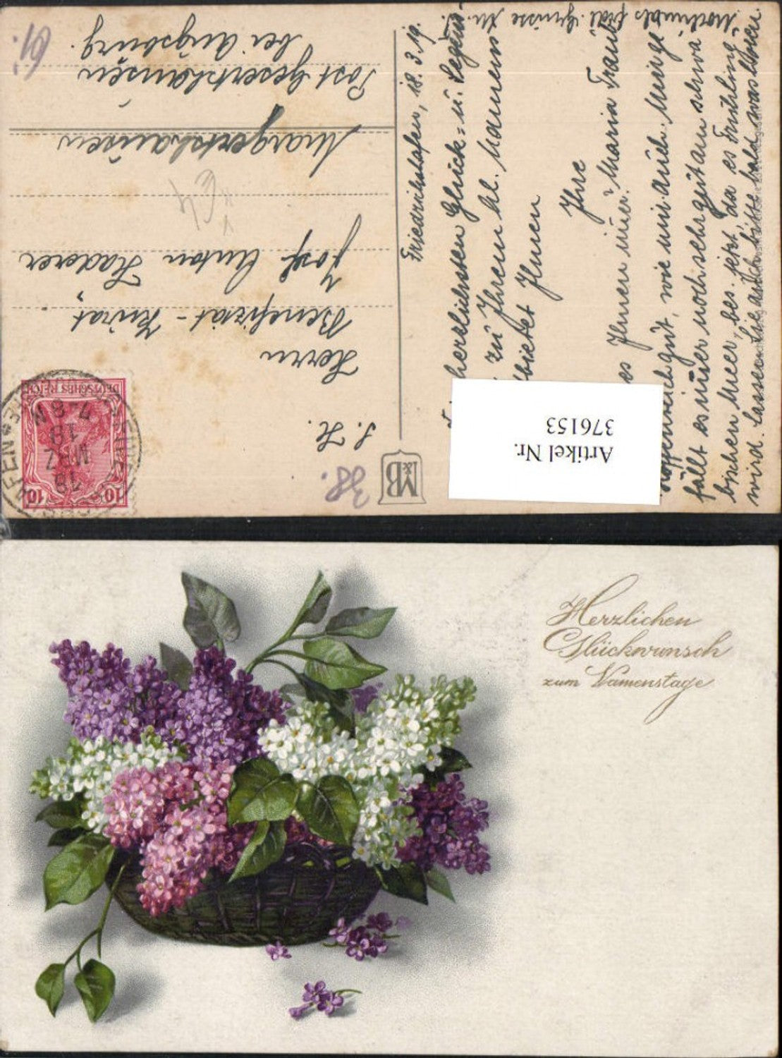 376153,Meissner & Buch 2341 Künstlerkarte Namenstag Blumen Flieder Korb