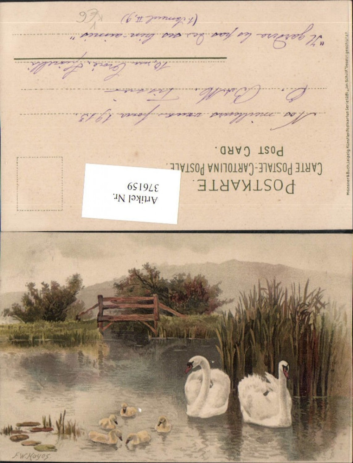376159,Meissner & Buch 1281 Künstler F. W. Hayes Schwäne Küken