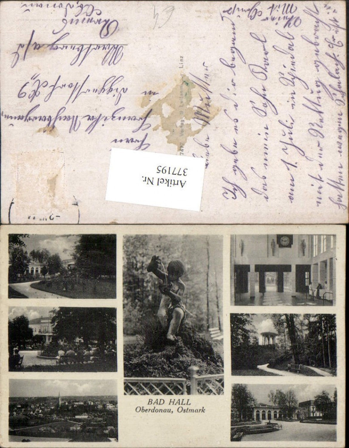 377195,Bad Hall Totale Kurhaus Kurpark Statue Mehrbildkarte