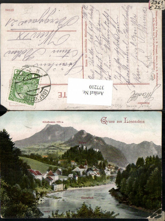 377210,Gruß aus Losenstein Totale m. Ruine Fluss Bergkulisse