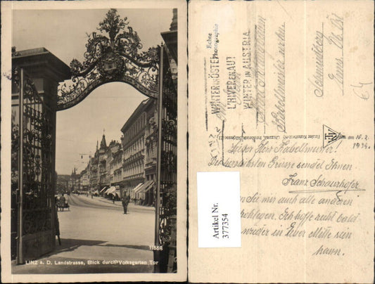 377354,Linz an d. Donau Landstraße Blick durch Volksgarten Tor Straßenansicht