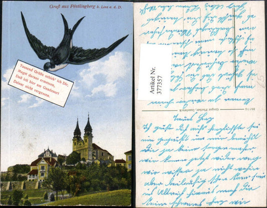 377357,Linz an d. Donau Pöstlingberg Kirche Fotomontage Schwalbe Spruch Text