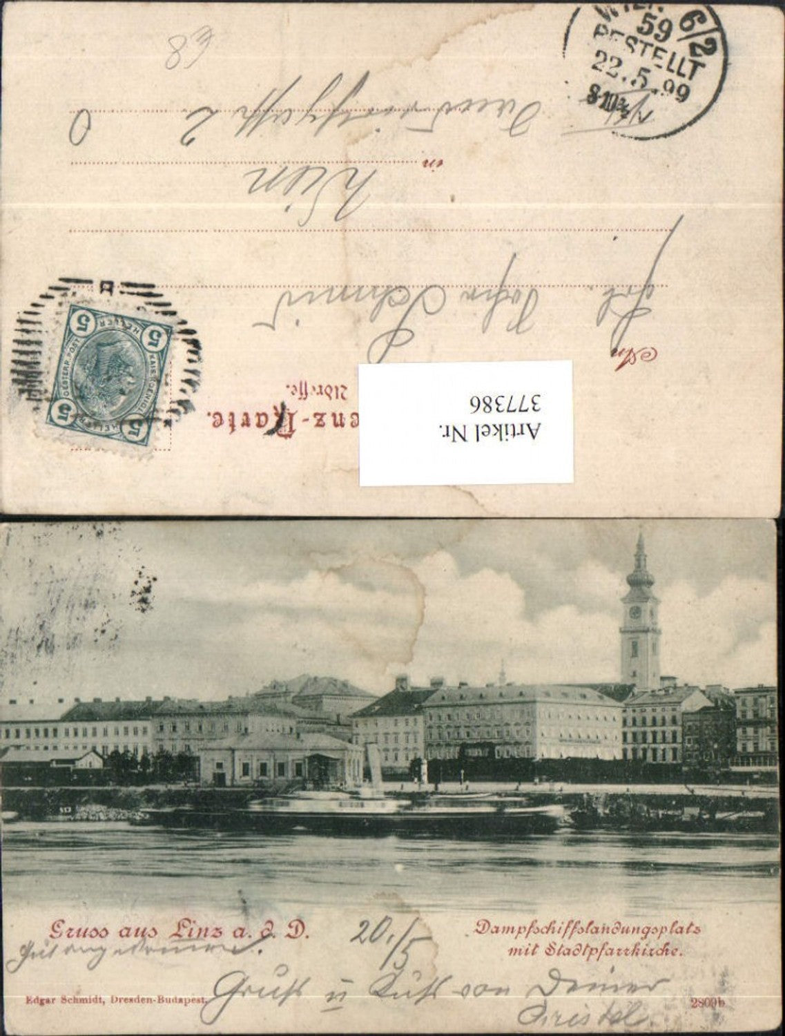 377386,Gruß aus Linz an d. Donau Dampfschiffslandungsplatz Dampfer m. Kirche